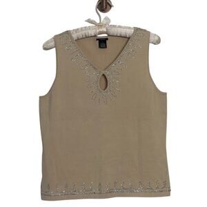 Vintage Silk Keyhole Stretch Knit Rhinestone Y2K Tank Top Beige Silver Boho Chic